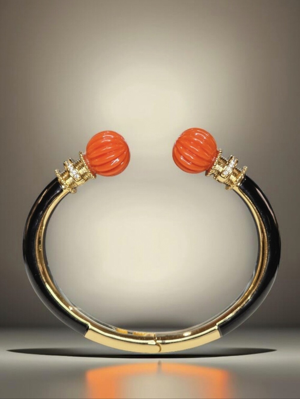 18k Gold Plated High-End French Designer Onyx Enamel Coral Melonball Bracelet
